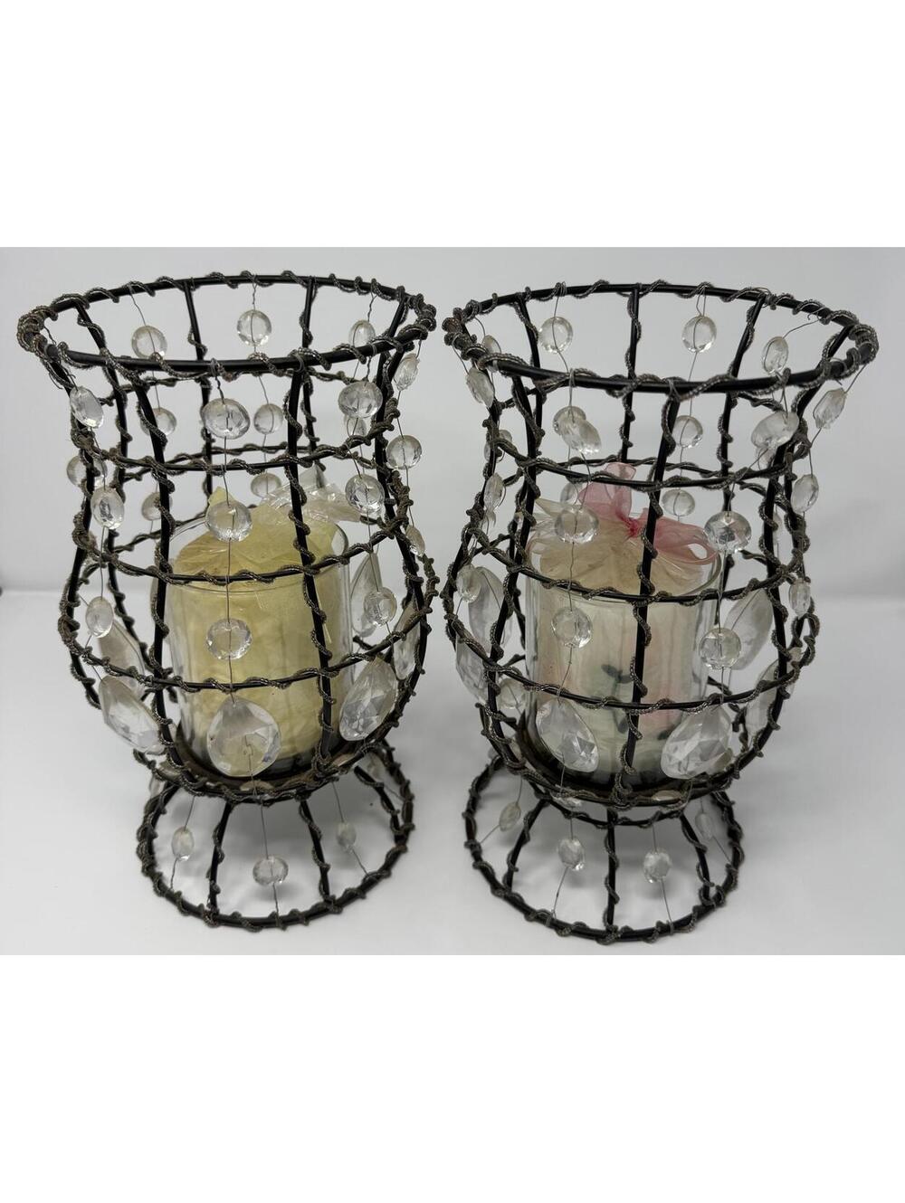 Pair of Crystal Beaded Candle Holder w Candles Banquet Table Centerpiece Pilar